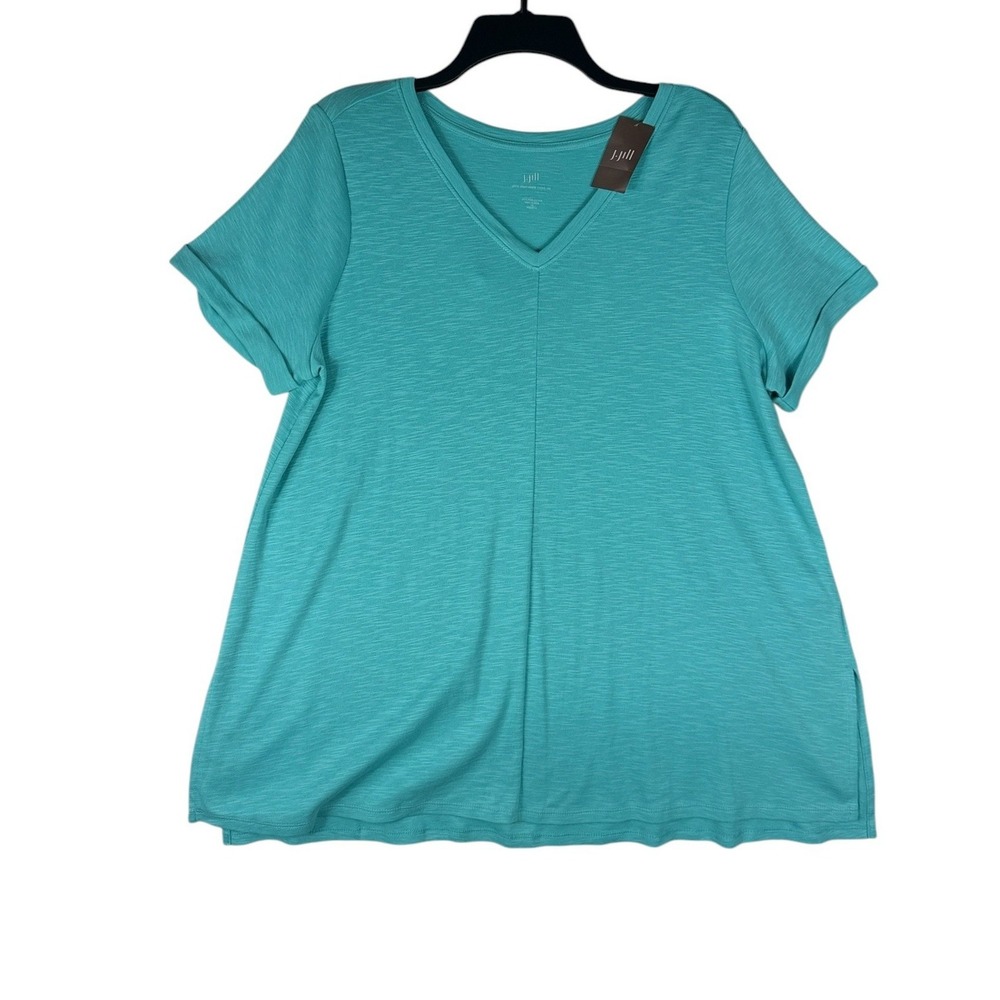 J. Jill Pima Cotton V-Neck Tee Capri Teal Blue Short Sleeve Slub Knit Top 1X NEW